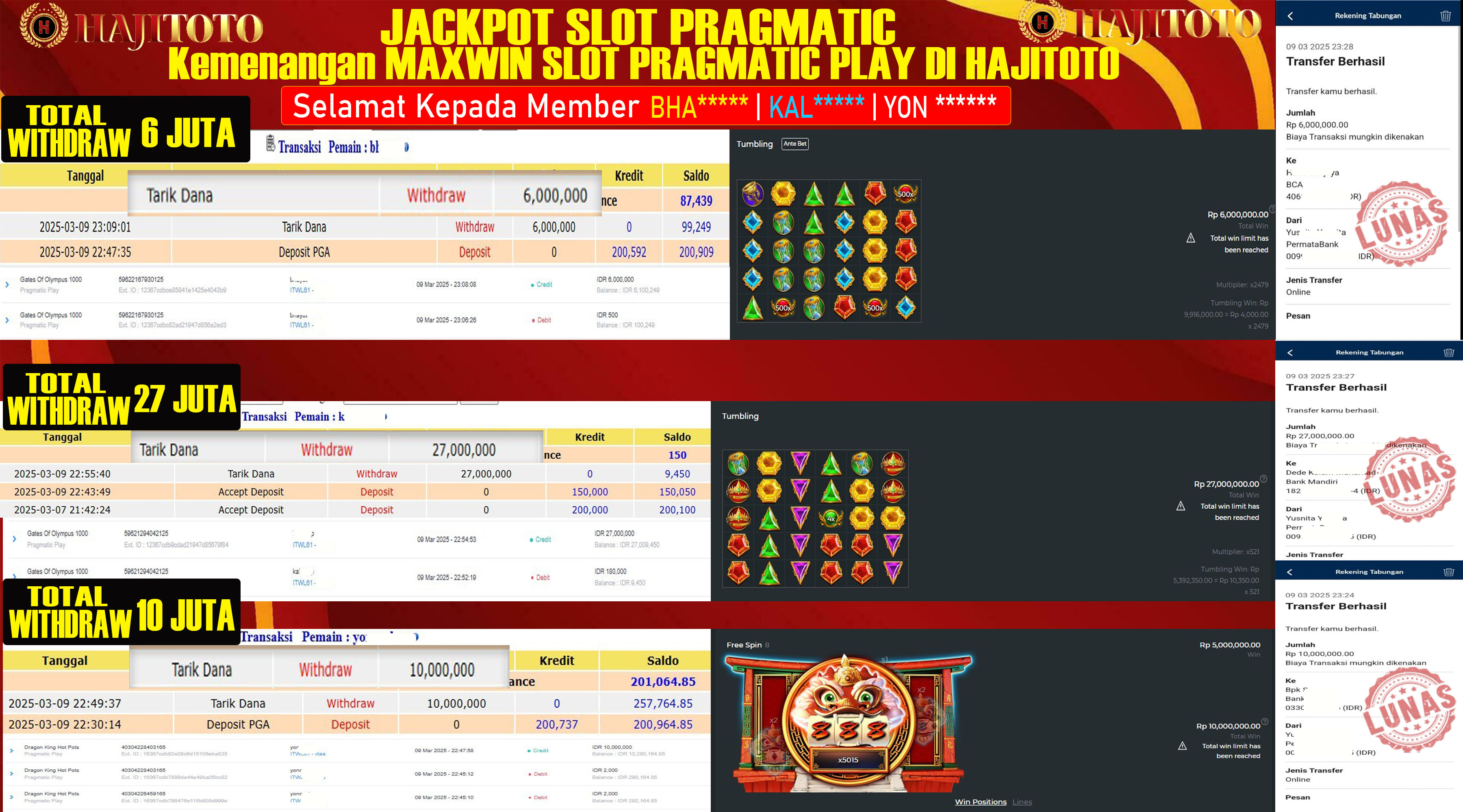 SELAMAT KEPADA PEMENANG MEMBER MERAIH JACKPOT DI GAME SLOT GATE OF OLYMPUS X1000 & DRAGON KING HOT POTS TOTAL RP 43.000.000 DI BAYAR LUNAS